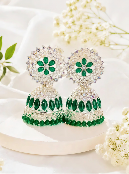 ✨ Premium Green Stone & American Diamond Jhumka Earrings for Women