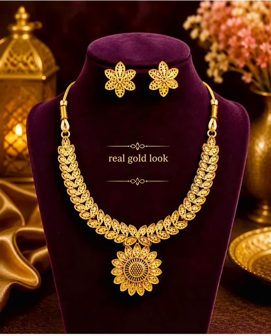 Premium Gold-Plated Sunflower Necklace Set with Earrings | Real Gold Look | Traditional Jewelry